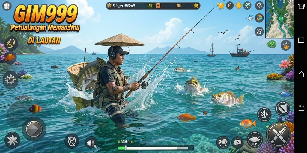 Screenshot gameplay GIM999 menampilkan momen memancing yang mendebarkan.