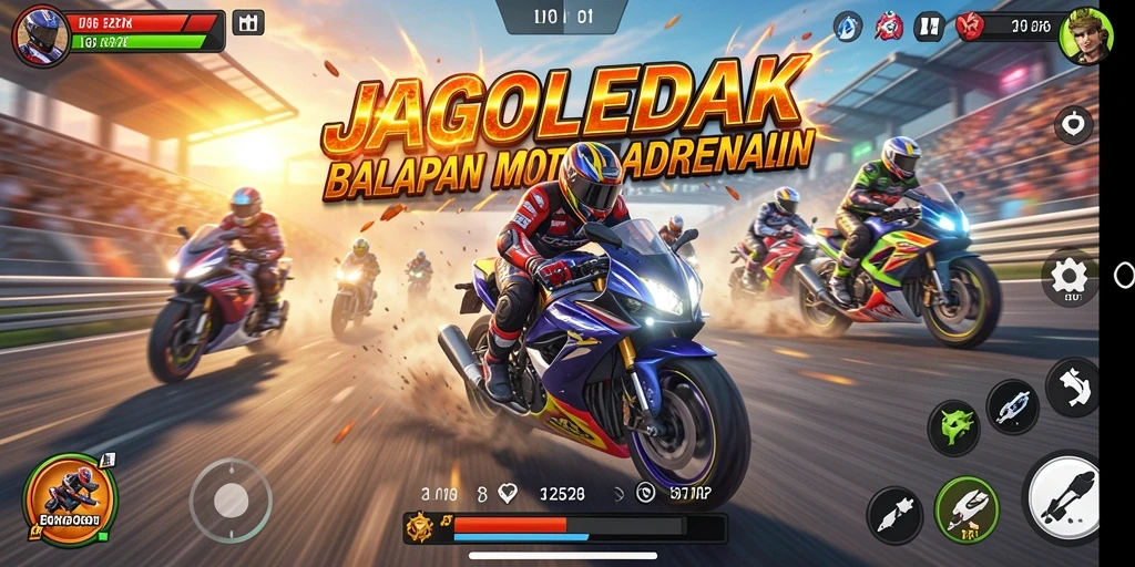 Screenshot gameplay JAGOLEDAK menunjukkan balapan motor yang mendebarkan.