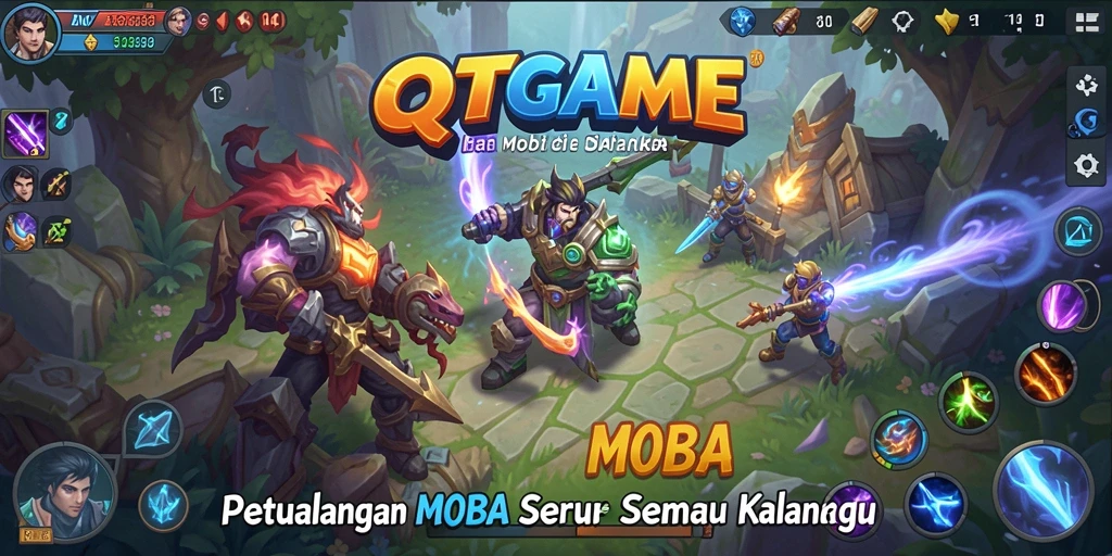 Tangkapan layar QTGAME menampilkan aksi tempur intens dalam permainan MOBA.
